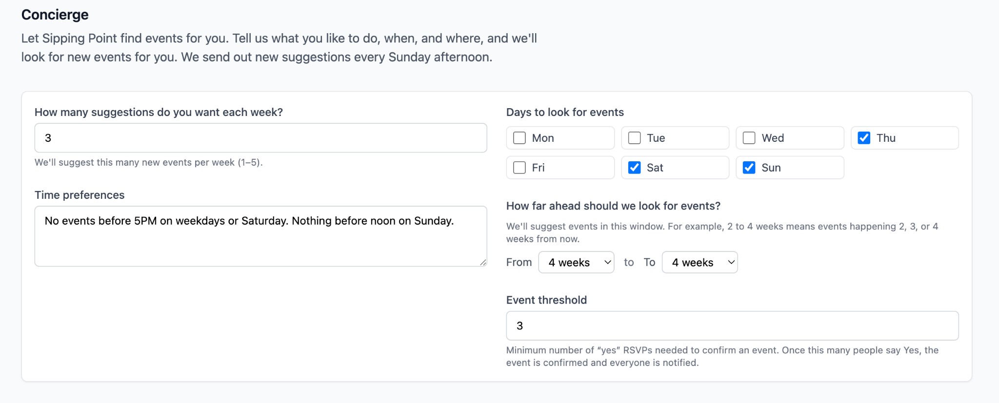 Concierge settings: suggestion count, time preferences, days, look-ahead window, RSVP threshold