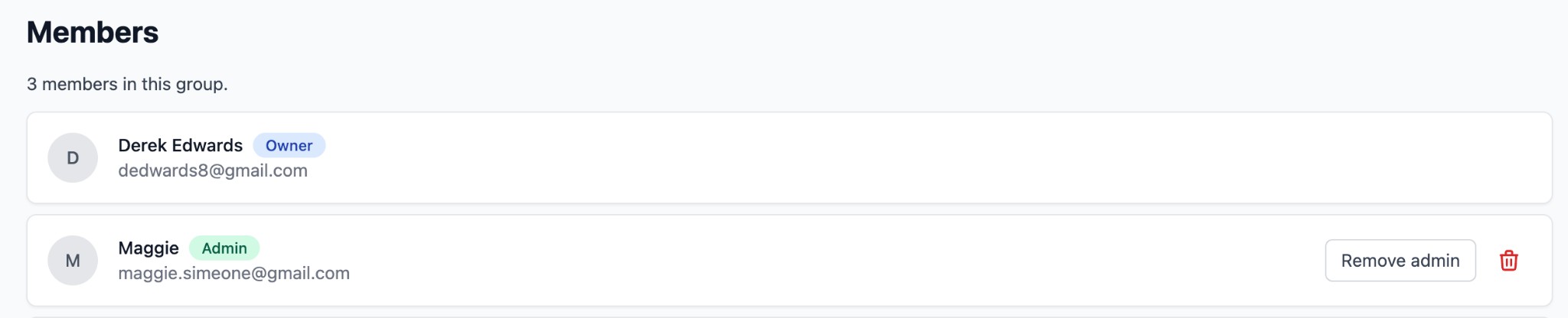 Members list with roles (Owner, Admin)
