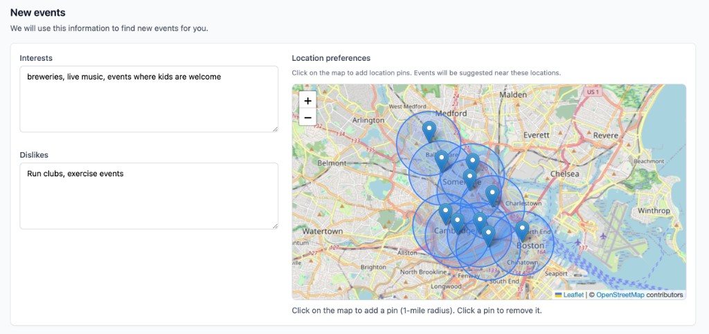 New events setup: interests, dislikes, and location pins