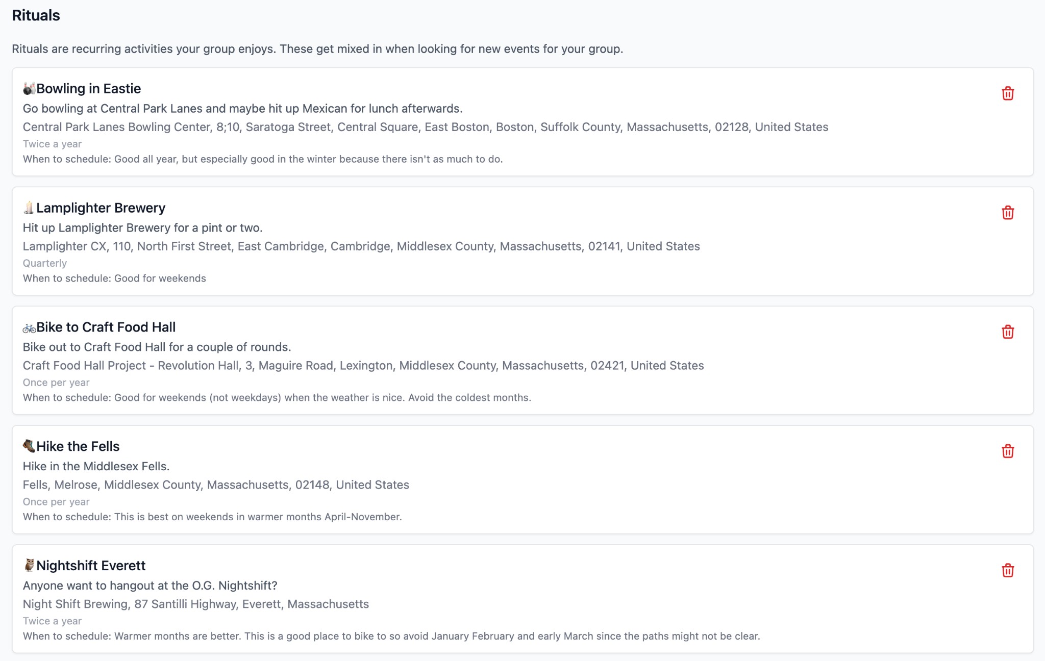 Rituals list with descriptions, locations, frequency, and scheduling notes