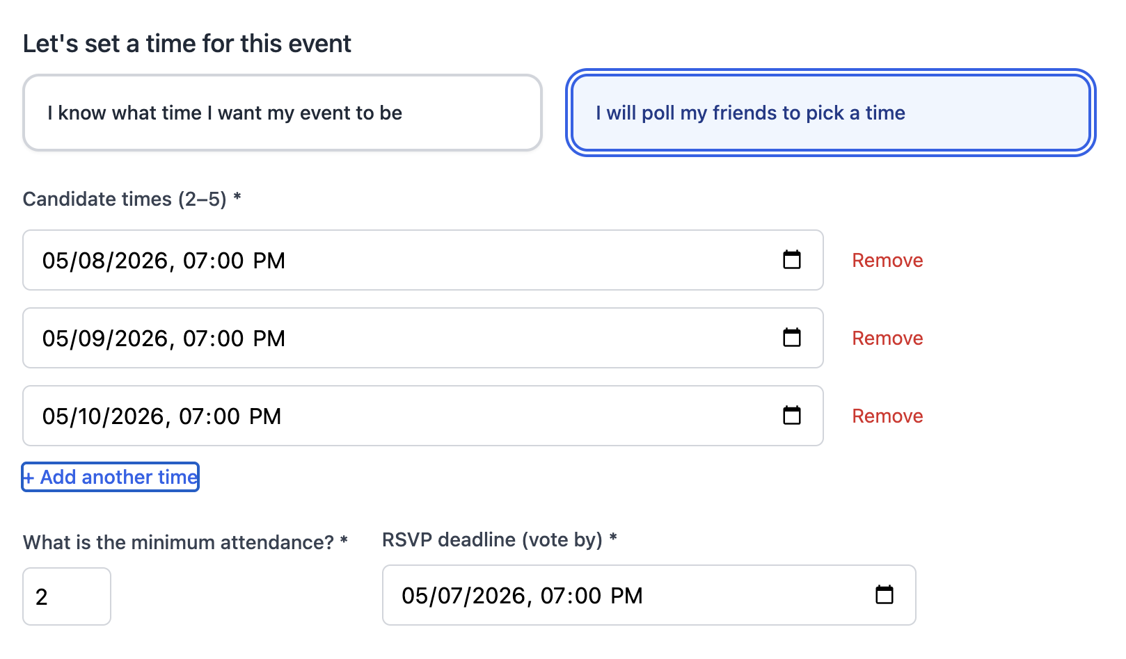Host UI: poll friends for a time, three candidate evenings, minimum attendance 2, RSVP deadline