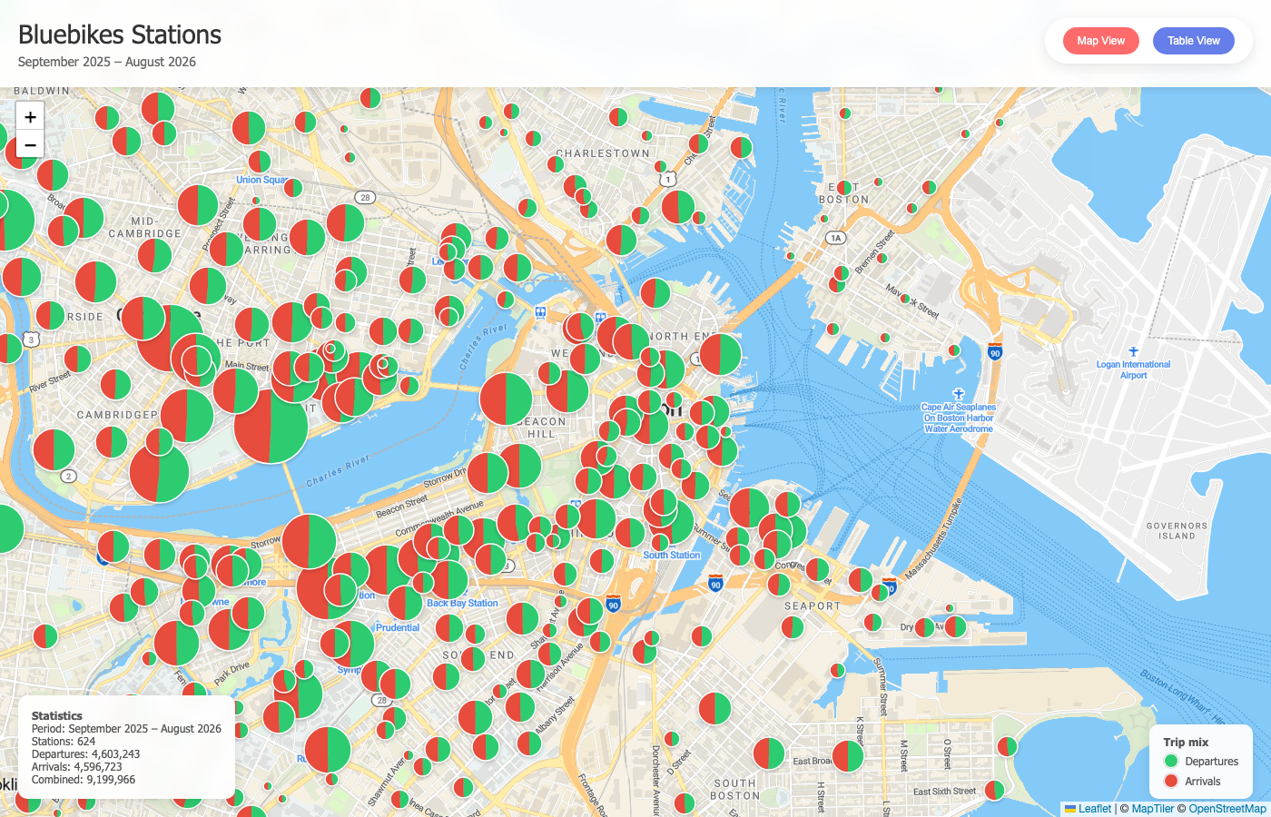 Map of Greater Boston Bluebikes stations with green/red circles for departures and arrivals