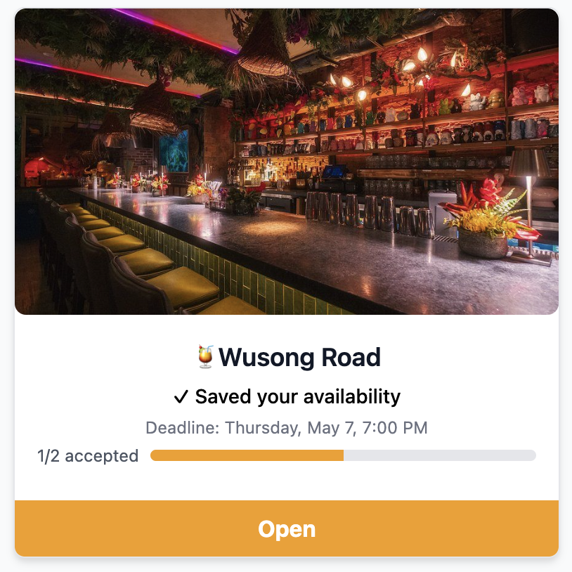Event card for Wusong Road with saved availability and progress toward the threshold